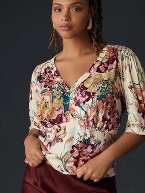 3x NWT Anthropologie Floral V-Neck Blouse in Ivory and Pink